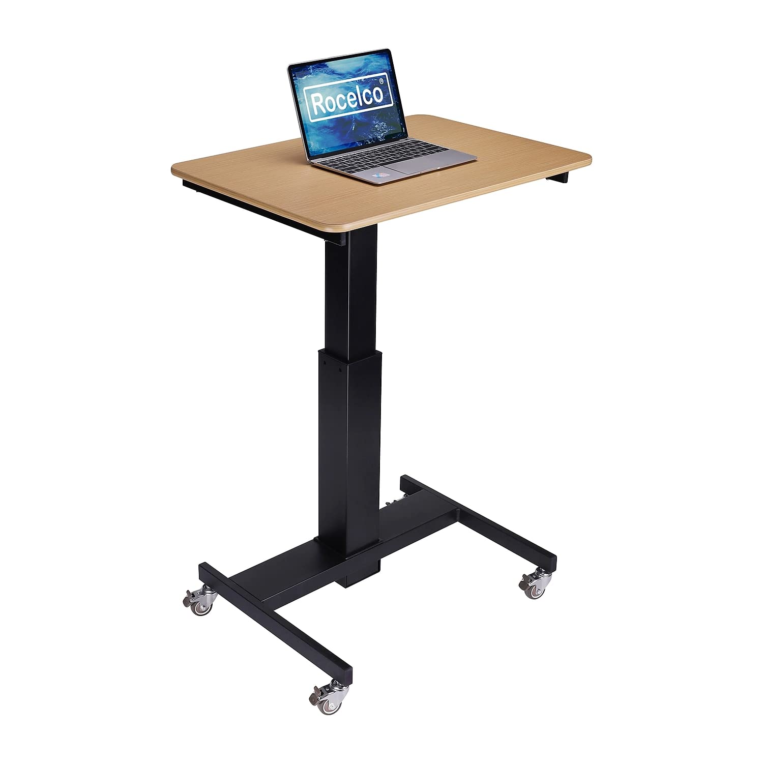 Rocelco 28" Height Adjustable Mobile School Standing Desk - Quick Sit Stand Up Home Computer Workstation - Gas Spring Assist Office Laptop Riser Cart - Wood Grain (R MSD-28)