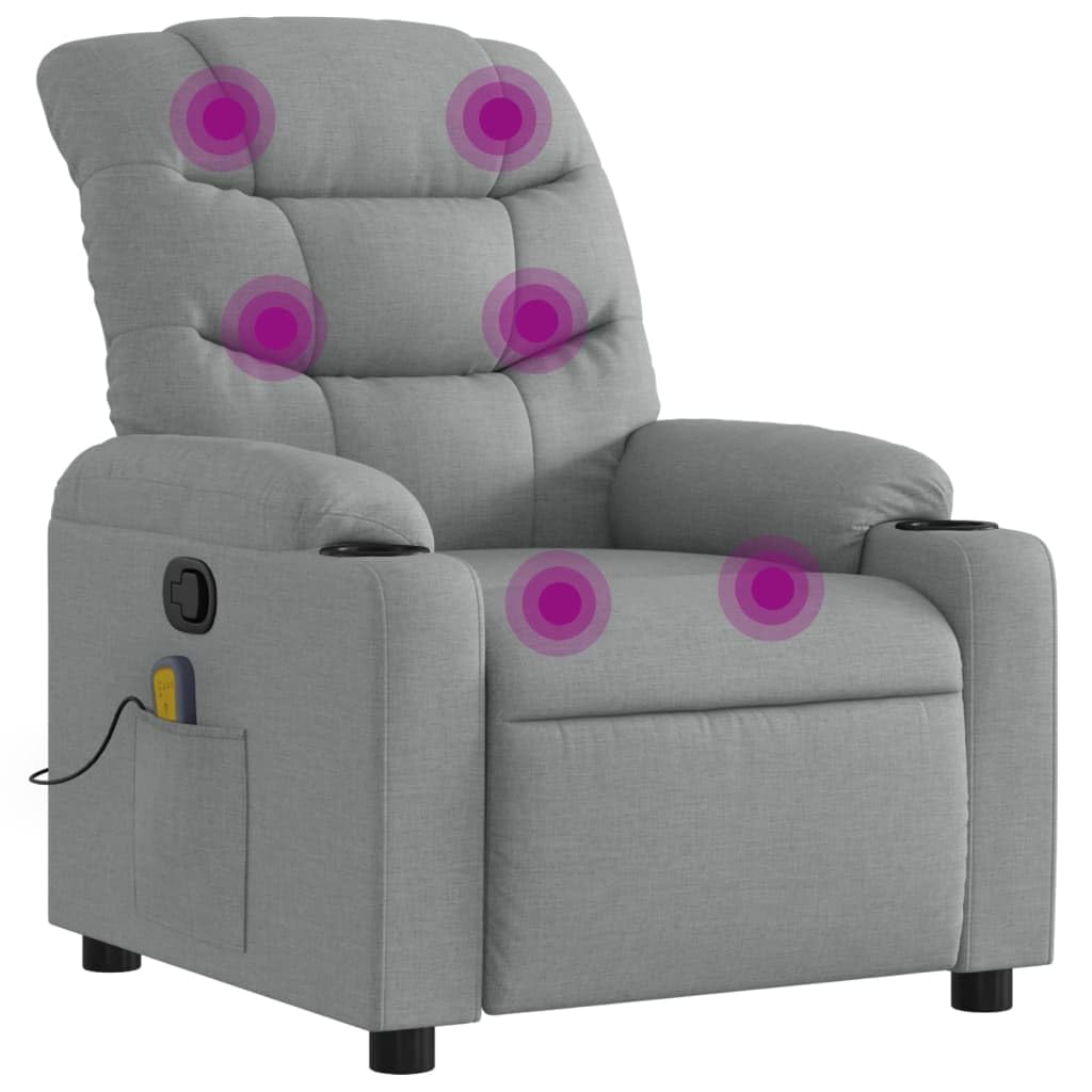 vidaXL Light Grey Massage Recliner Armchair - Fabric Single Sofa with Cup Holders, Side Pocket, Vibration Massage, Manual Recline
