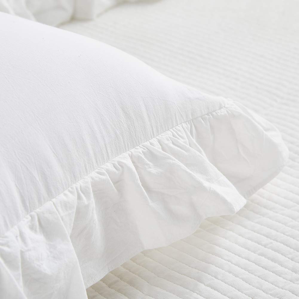 Mywinlle Shabby Off White Ruffle Pillow Shams Standard Size Set Of 2, Washed Cotton Farmhouse Pillowcases Pillow Cover 20''X26''
