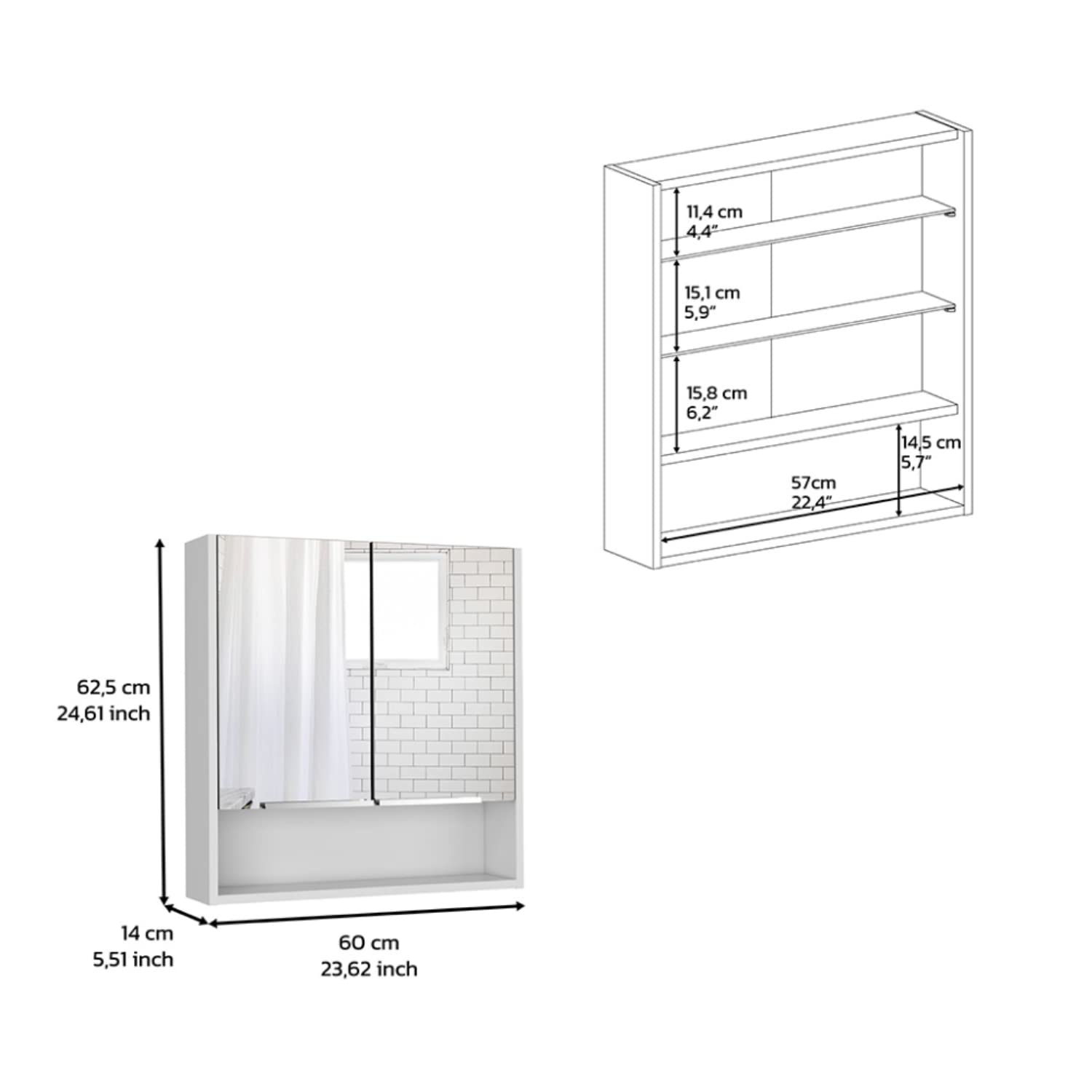 Tatacoa 25-inch Tall Double Door Mirror Cabinet with Open Shelf, and 3 Interior Shelves, White