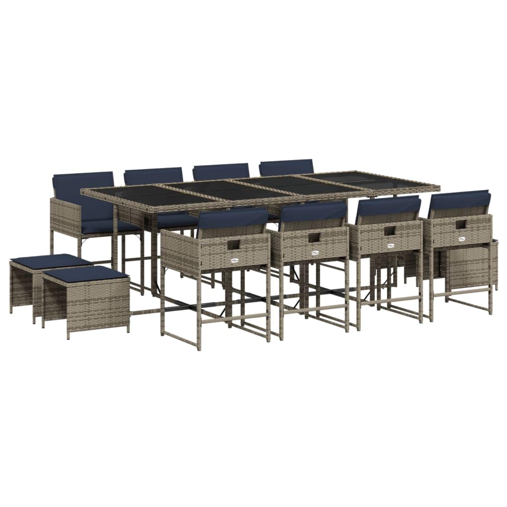 vidaXL Patio Dining Set - 13 Piece Garden Furniture with Cushions - Gray Poly Rattan with Glass Table - Outdoor, Garden, Backyard, Patio Use