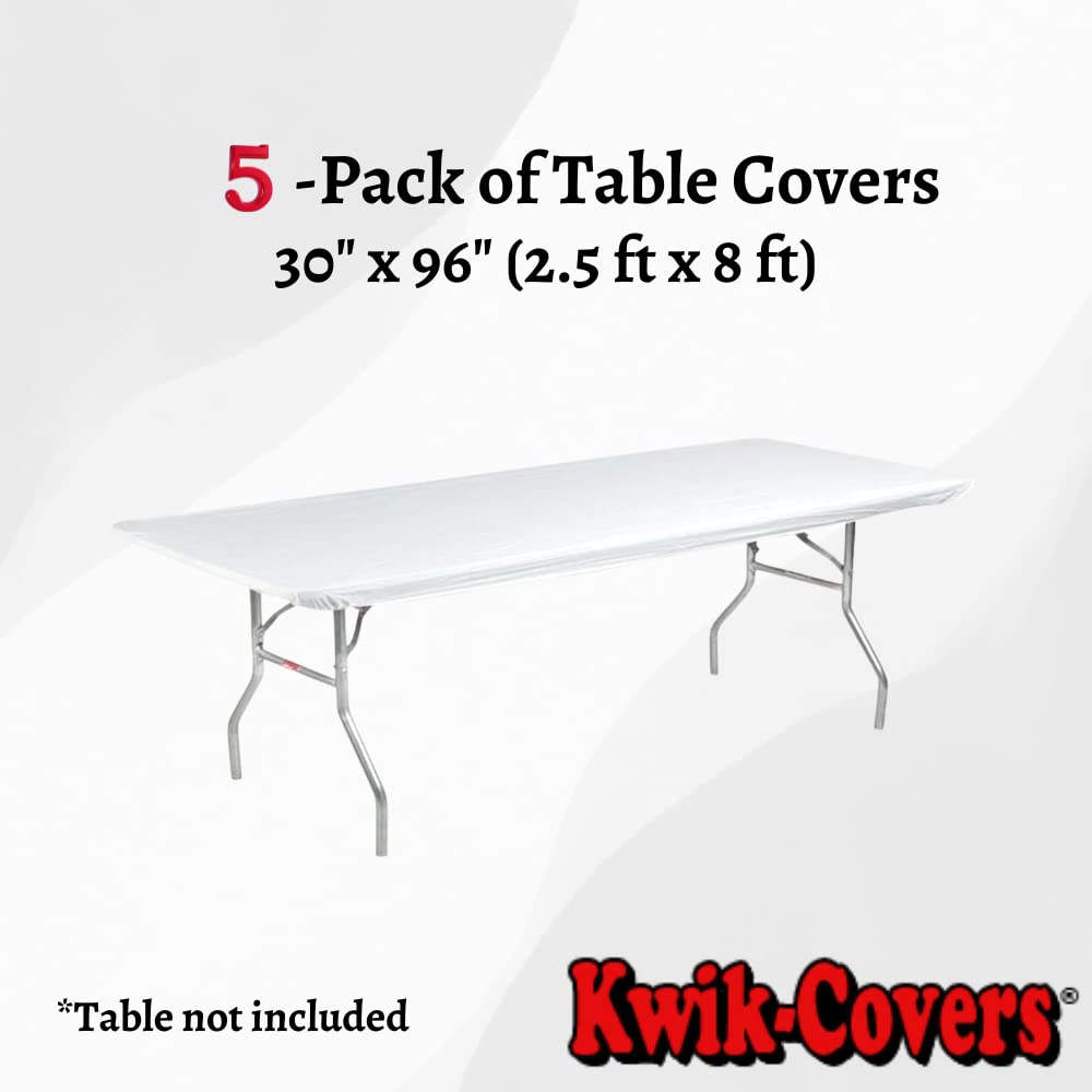 Kwik-Covers Rectangular Plastic Table 8' Covers Bundle Of 5 With Seventy (70) Ohm Commerce Paper Napkins - Indoor Or Outdoor Fitted Table Covers (Table Not Included) (30' X 96' White)