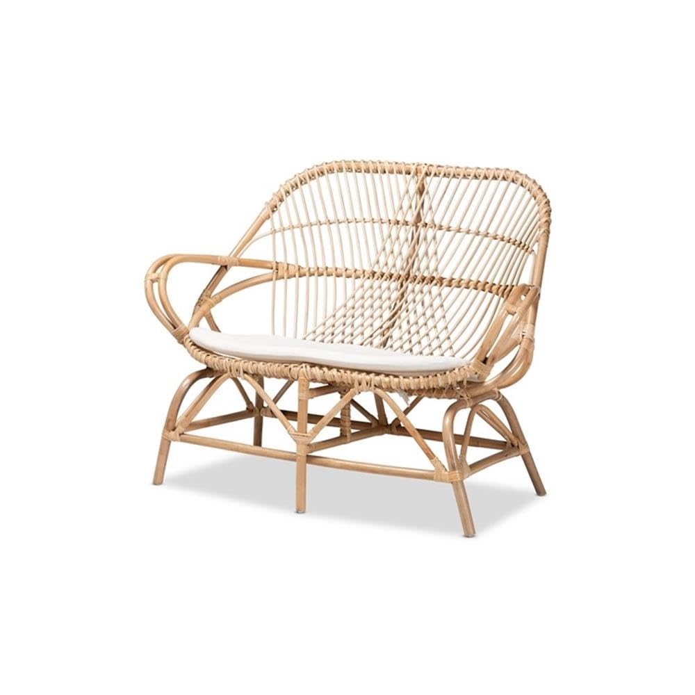 Baxton Studio Jayden Modern Bohemian White Fabric Upholstered and Natural Brown Finished Rattan 5-Piece Living Room Set