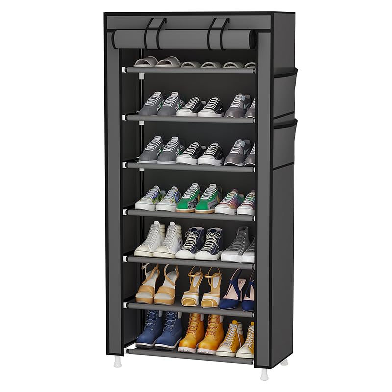 Calmootey 7 Tier Shoe Rack Organizer,Portable Shoe Shelf With Nonwoven Fabric Cover For Closet Hallway,Bedroom,Entryway,Grey