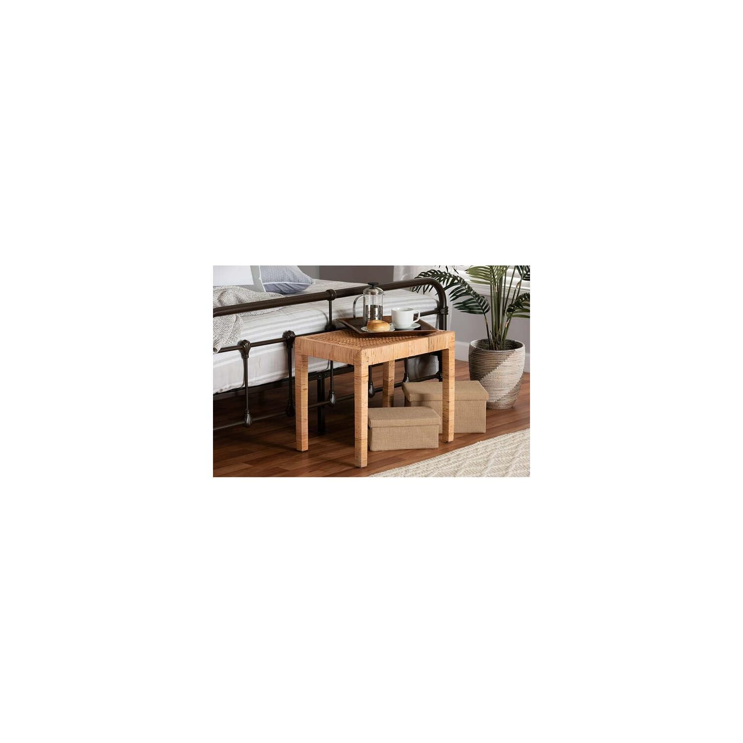 Baxton Studio Abelia Modern Bohemian Natural Rattan and Mahogany Wood Short Accent Bench