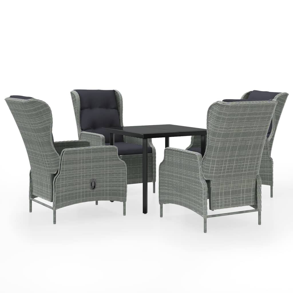 vidaXL Patio Dining Set - 3 Piece Outdoor Dining Set - Light Gray Chairs with Black Cushions, Glass Tabletop, Reclining Function, Water-Resistant PE Rattan, Steel Frame - Ideal for Garden/Patio
