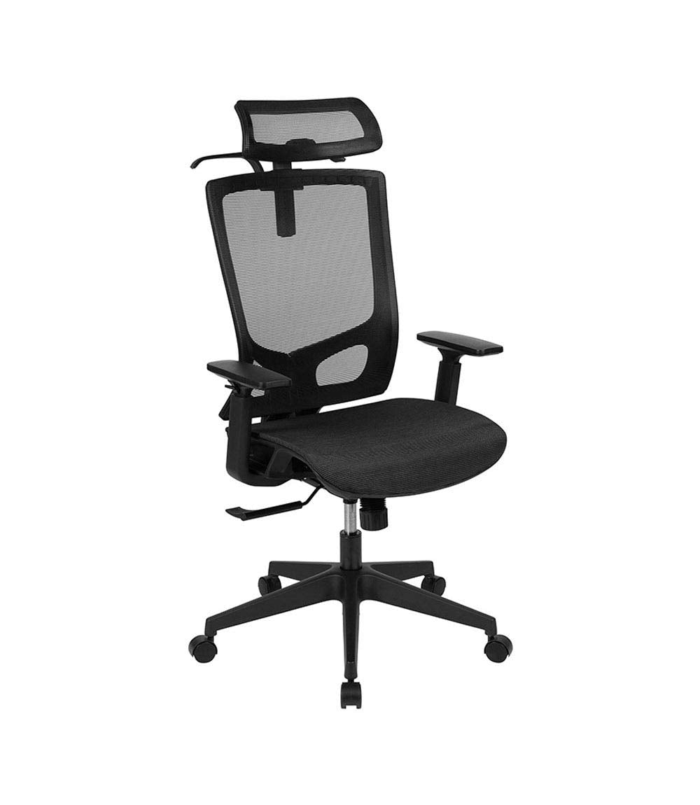 Flash Furniture Layla Ergonomic Mesh Office Chair With Synchro-Tilt, Pivot Adjustable Headrest, Lumbar Support, Coat Hanger And Adjustable Arms In Black