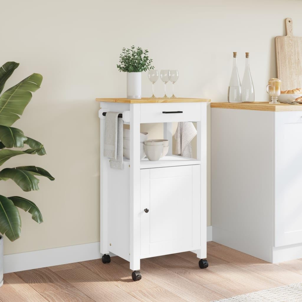 vidaXL Solid Pine Wood Kitchen Trolley - White & Honey Wax Finish, Rolling Storage Cart with Drawer, Shelves and Wheels for Kitchen/Living Room/Bathroom