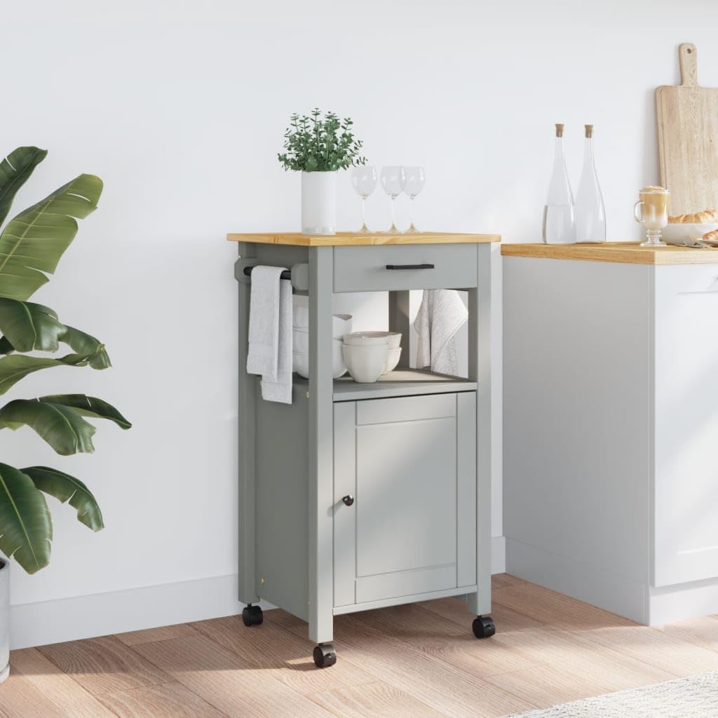 vidaXL Solid Pine Wood Kitchen Trolley - Rolling Cart with Storage Drawer, Door, and Wheels for Kitchen/Living Room Use, Gray/Honey Wax, 18.9x15.7x35.4 in