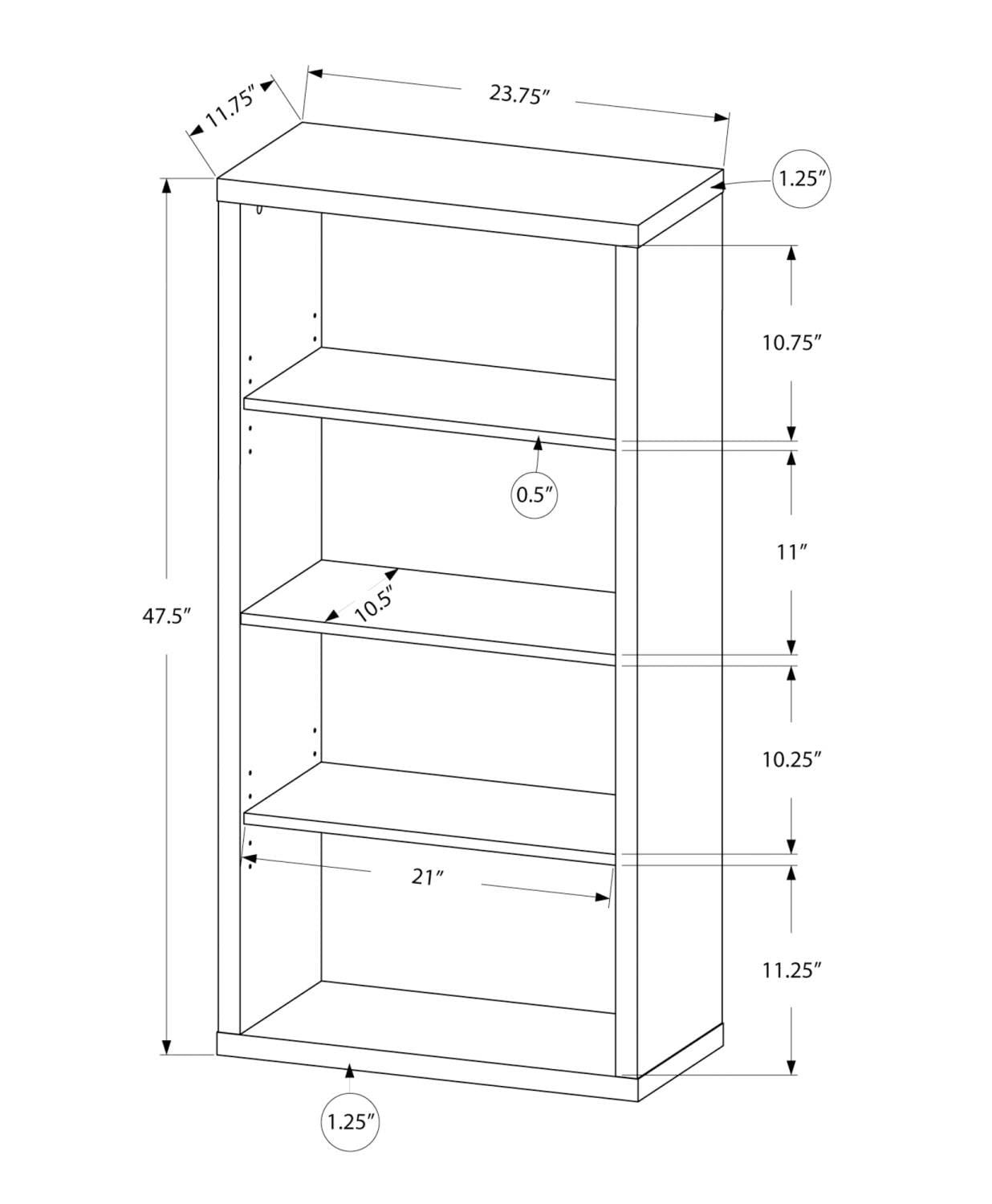 Monarch Specialties 7059 Bookshelf, Bookcase, Etagere, 5 Tier, H, Office, Bedroom, Laminate, White, Contemporary, Modern Bookcase-48 H Adjustable Shelves, 48-Inch