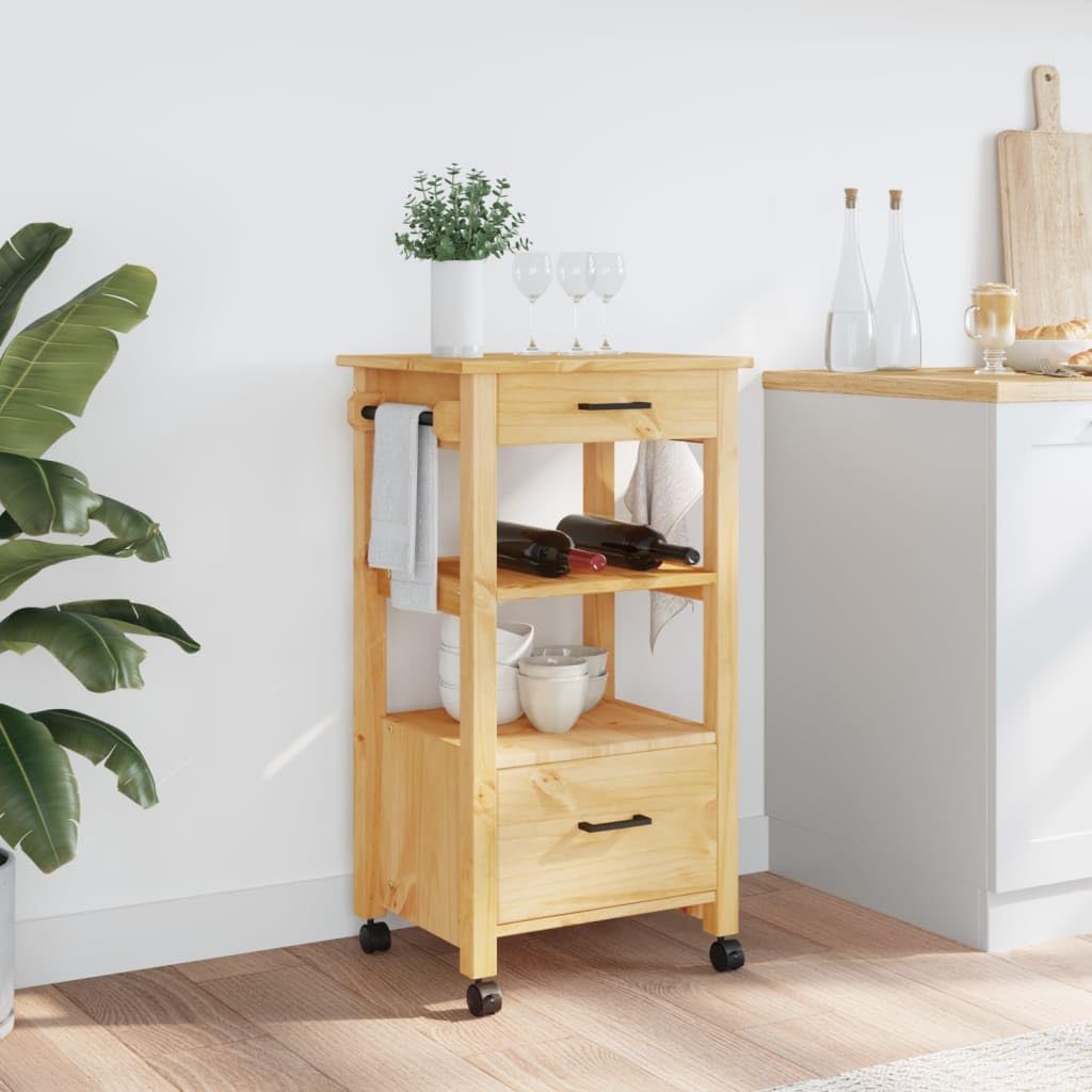 vidaXL Solid Pine Wood Kitchen Trolley - Rolling Cart with Drawers, Shelves, Hooks, Brown Honey Wax Finish, 18.9x15.7x35.4 in, Versatile Use