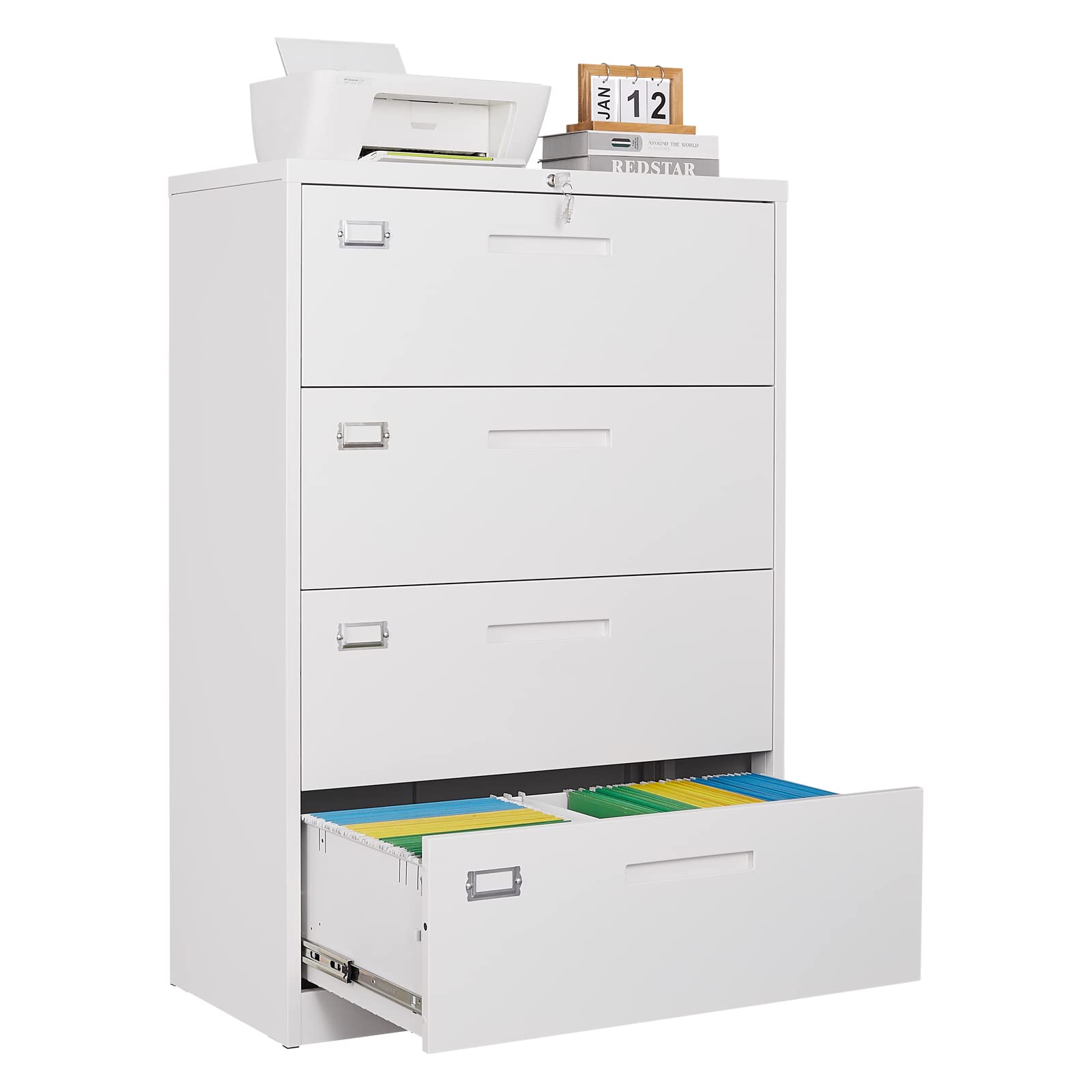 4 Drawer Lateral File Cabinet with Lock,White Lateral Filing Cabinet,Horizontal Metal Filing Cabinet,Locked Wide Four Drawer Fil