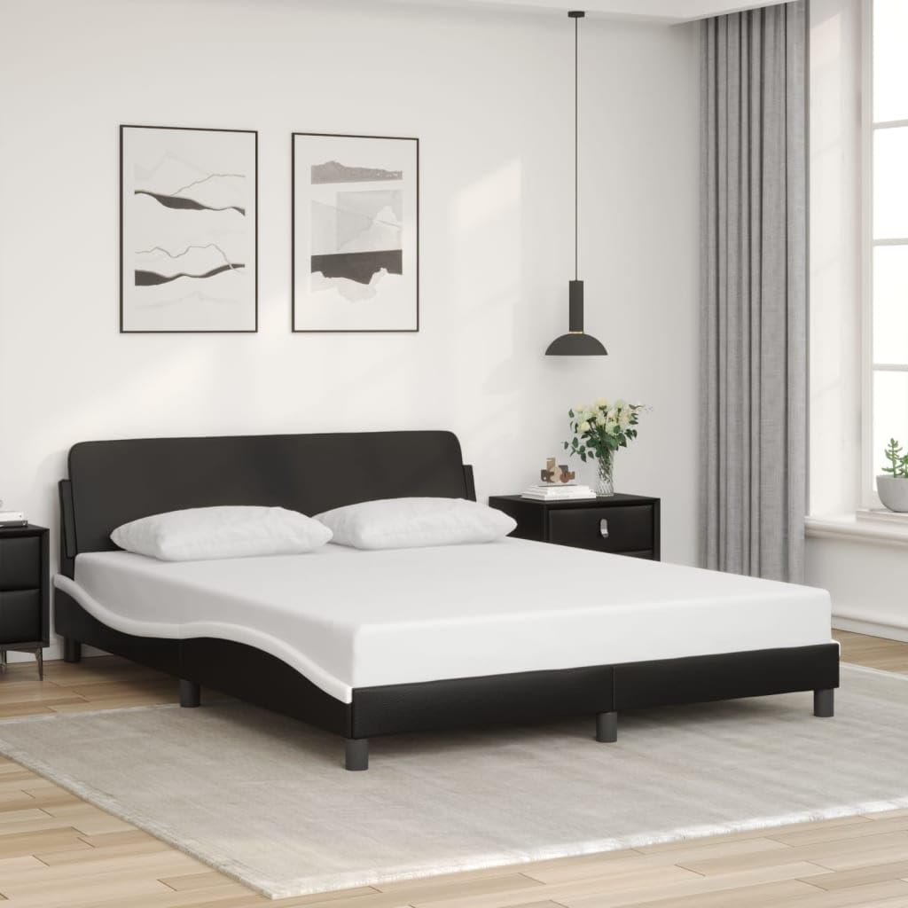 vidaXL Faux Leather Bed Frame - 59.8x79.9 Black/White - Fashionable Waved Design Headboard, Easy Maintenance, Sturdy Support Legs, Plywood Slats
