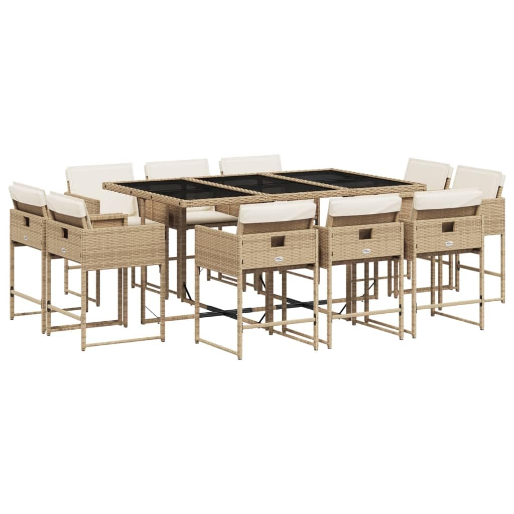 vidaXL 11-Piece Patio Dining Set with Cushions - Beige PE Rattan Includes Table and 10 Chairs, Weather-Resistant Material, Tempered Glass Top for Outdoor, Garden, Backyard or Deck