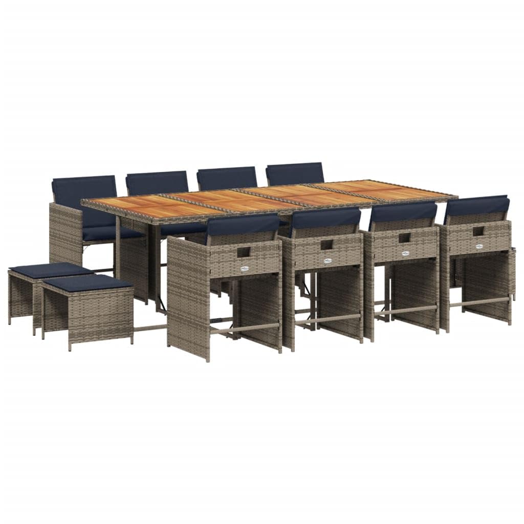 vidaXL Patio Dining Set - 13 Piece Poly Rattan Garden Furniture with Cushions - Gray Outdoor Table, Chairs, and Stools - Rectangular Acacia Wood Top