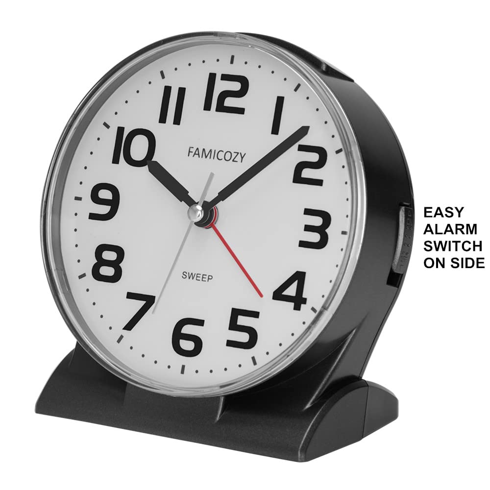 FAMICOZY Analog Alarm Clock Silent Readable Gradual Rise Alarm Big Numbers Black Hard Plastic Battery Operated