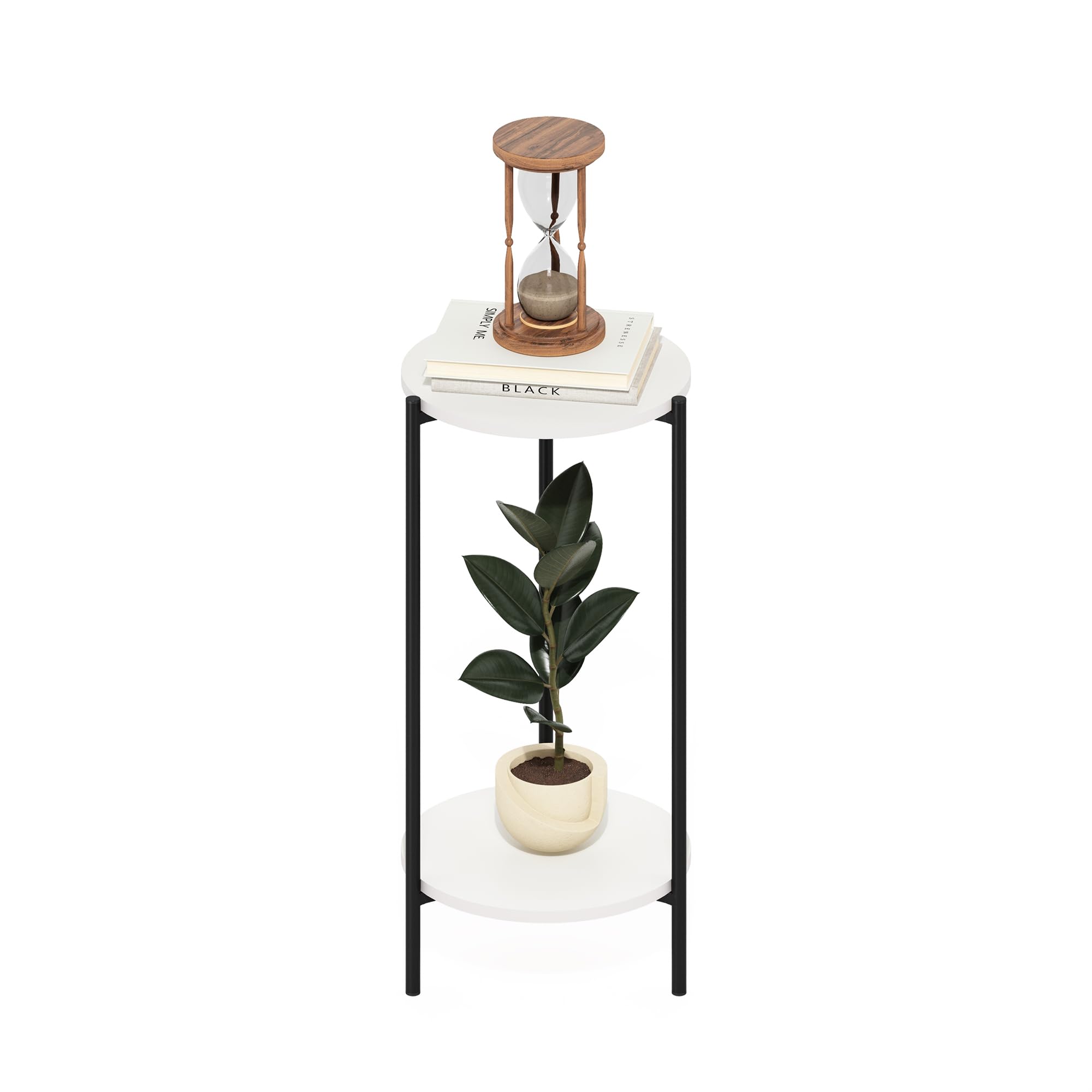Furinno Besi 2-Tier Modern Tall Round Side End Table with Sturdy Metal Legs, White/Black