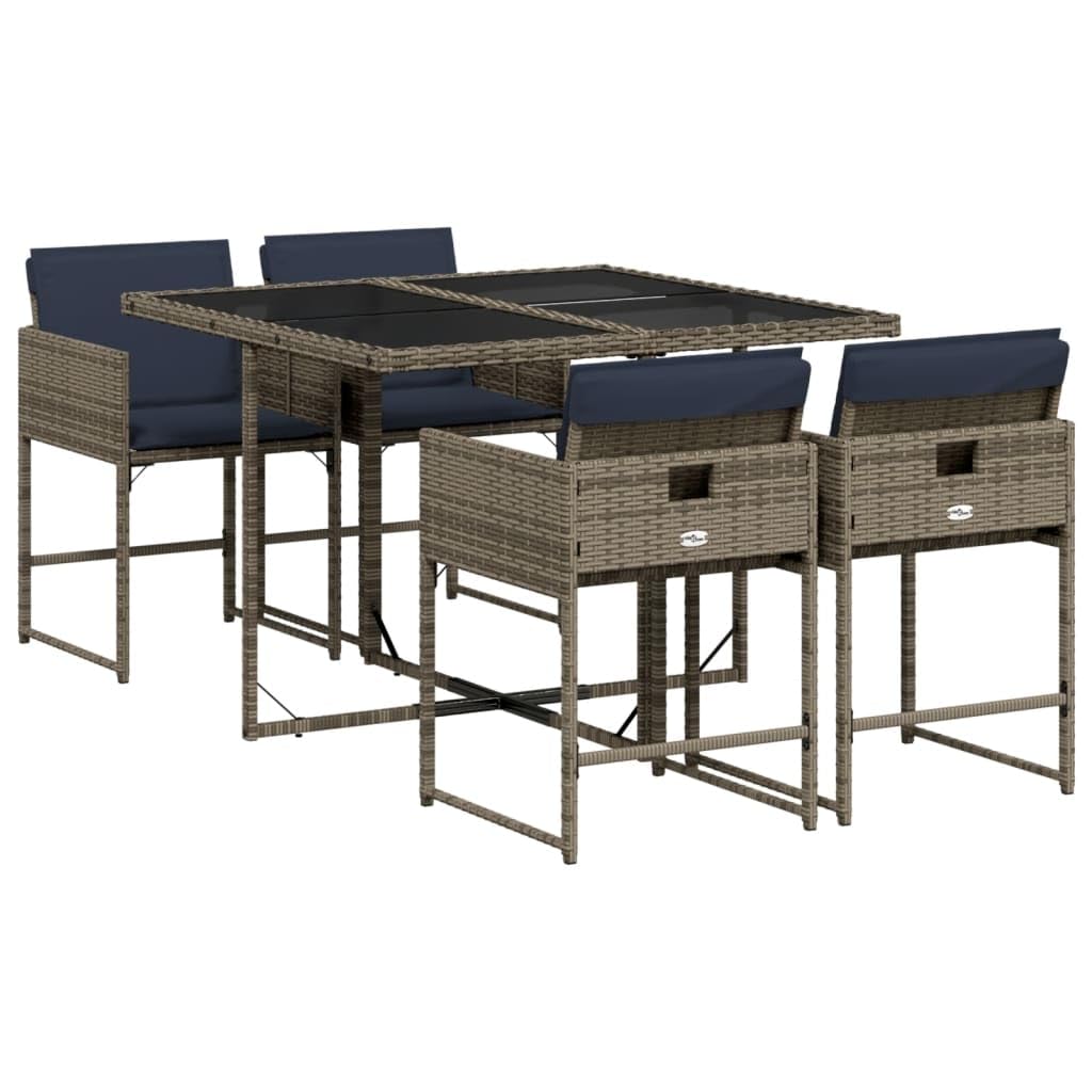vidaXL Patio Dining Set with Cushions - 5-Piece, Gray Poly Rattan, Garden Furniture, Compact Storage, UV-Resistant, Outdoor Tempered Glass Table, Easy Assembly