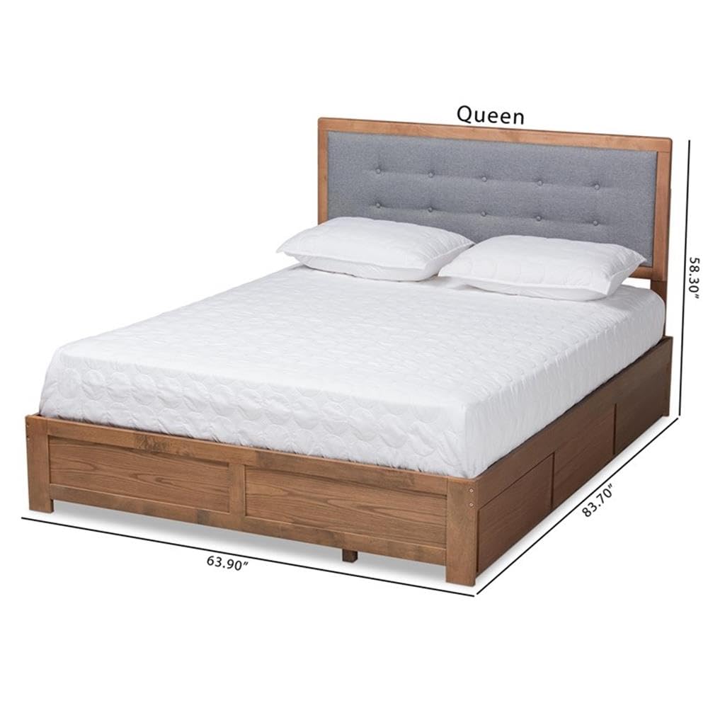 Baxton Studio Lene Modern and Contemporary Transitional Dark Grey Fabric Upholstered and Ash Walnut Brown Finished Wood Queen Size 3-Drawer Platform Storage Bed