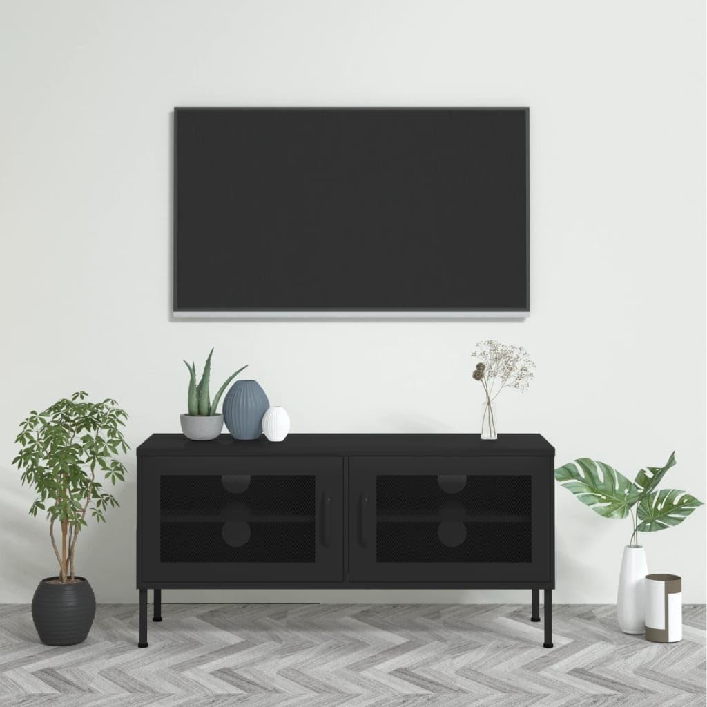 vidaXL Steel TV Stand with Mesh Doors - Durable and Adjustable Unit with Cable Management System, Internal Shelf for Media Storage, Ideal for Modern Living Spaces