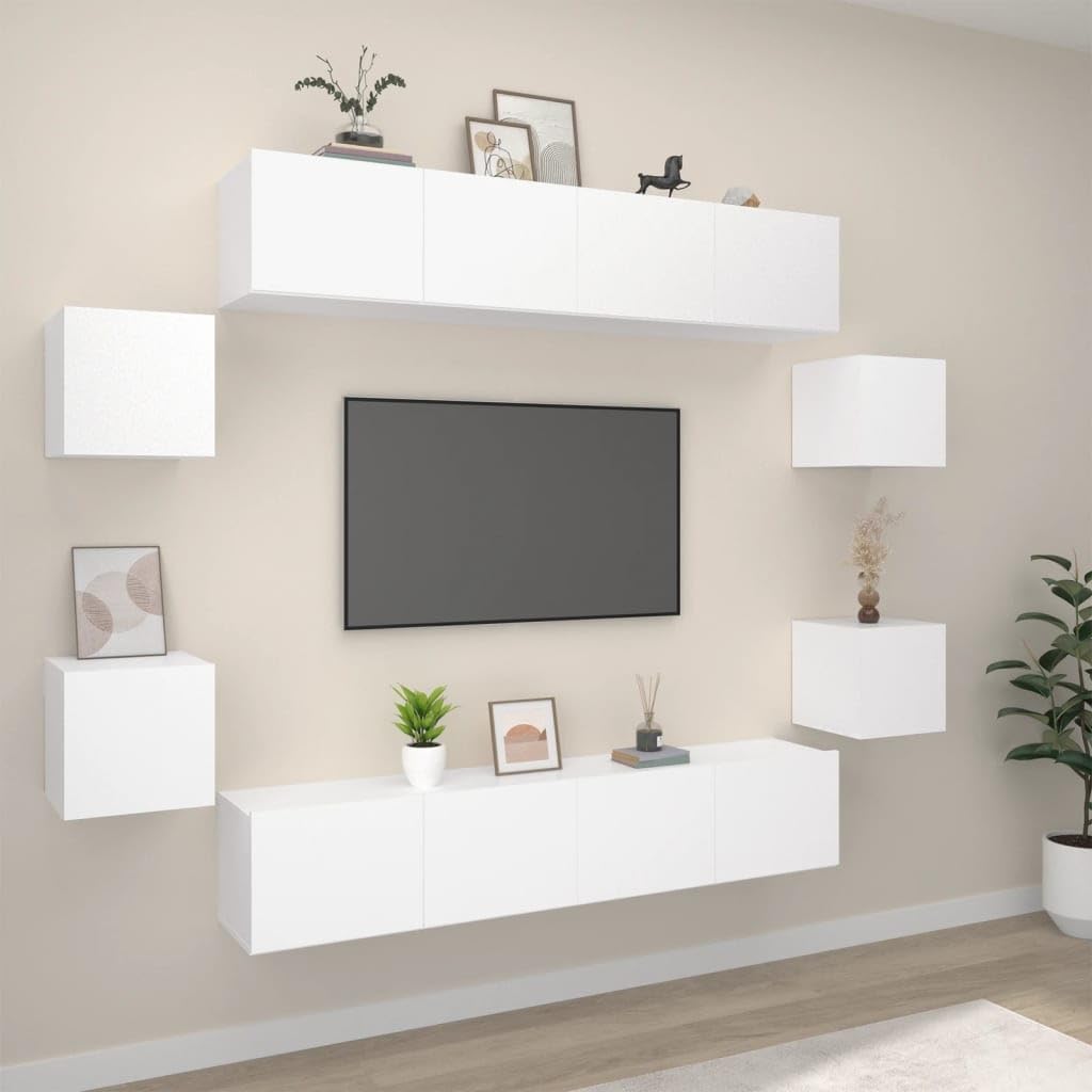 vidaXL TV Stand Set 8 Piece, Wall Mounted Entertainment Center, TV Stand Console with Storage, Modern Style, White Engineered Wood