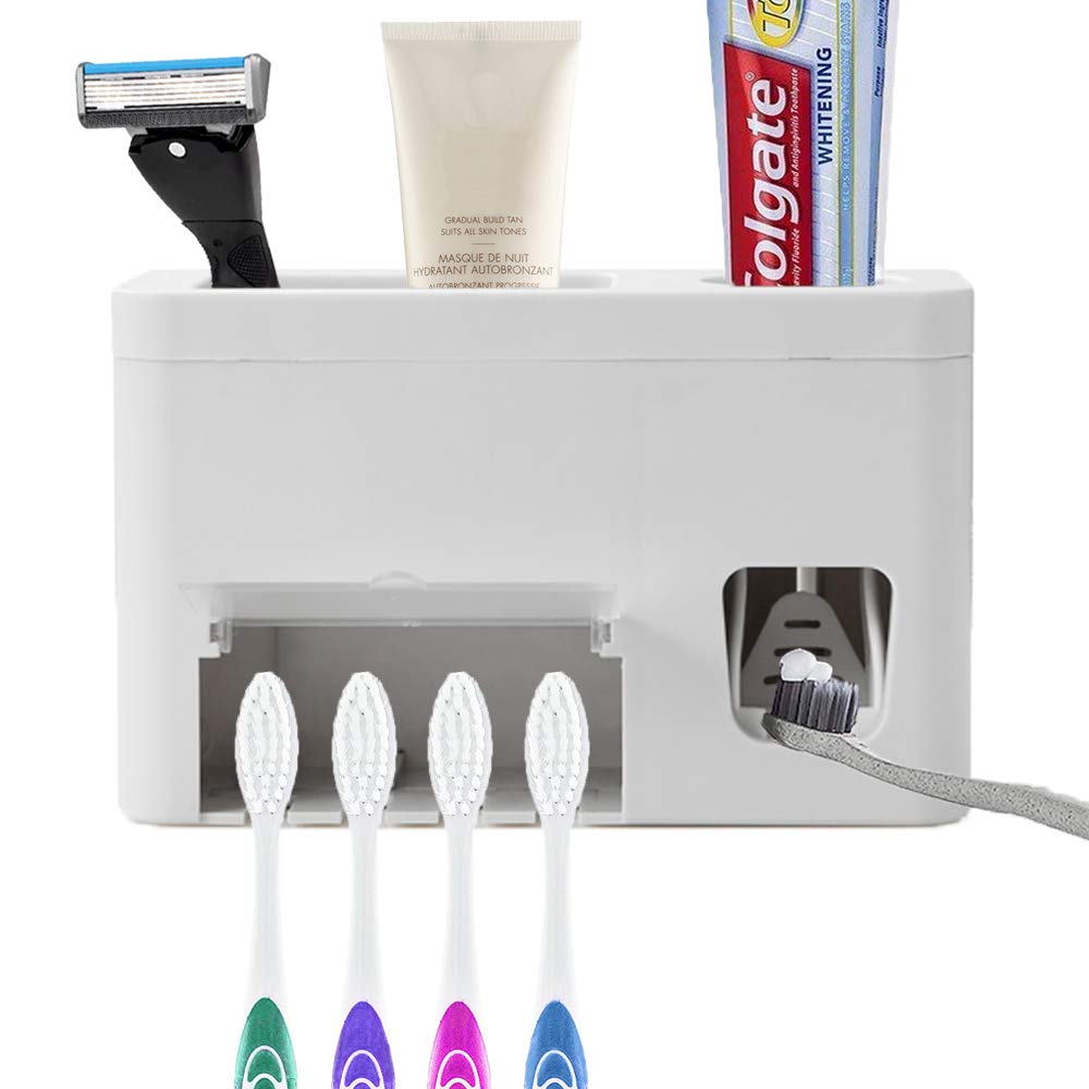 Houvillage Toothpaste Dispenser Toothbrush Holder Set, Toothpaste Squeezer Tooth Brush Holder Set Holder with Anti-dust Cover, 3