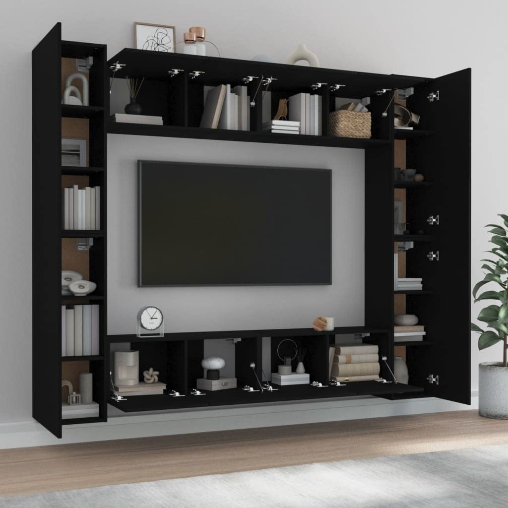 vidaXL TV Stand Set 8 Piece, Wall Mounted Entertainment Center, TV Stand Console with Storage, Modern Style, Black Engineered Wood