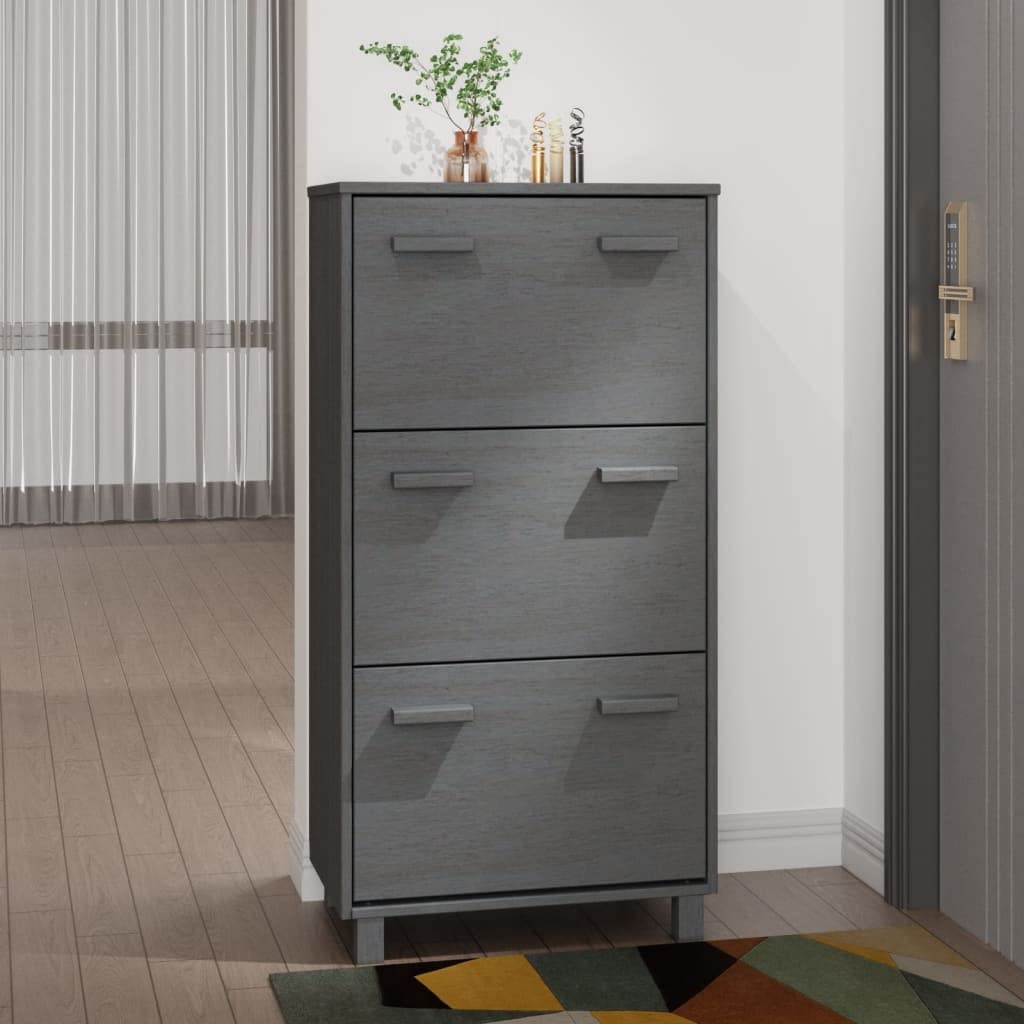 vidaXL HAMAR Solid Wood Shoe Cabinet - Dark Gray Shoe Organizer with Three Flip-Drawers, Easy Assembly, Spacious Shoe Storage Rack Made of Pine and MDF