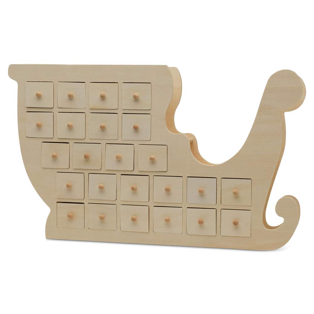 Sleigh Wooden Advent Calendar 12 x 20 Inch, Pack of 1 Christmas Advent Calendar With 24 Empty Drawers for Crafts, by Woodpeckers