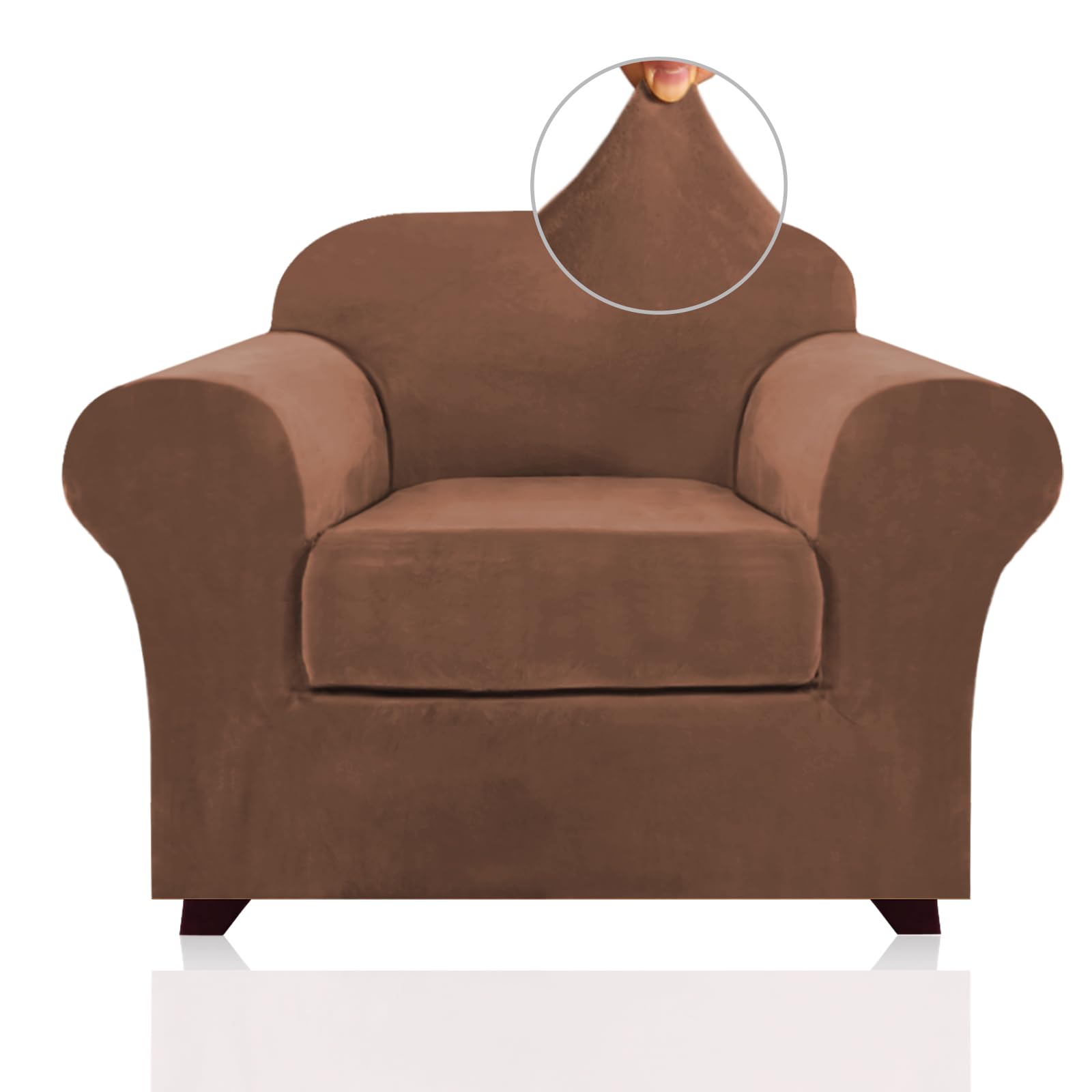Princedeco 2 Piece Chair Cover Velvet Chair Slipcovers Soft Armchair Cover Furniture Protector With Arms Width Up To 49 Inch Chair Sofa Cover With Individual Cushion Covers(Small, Caramel)