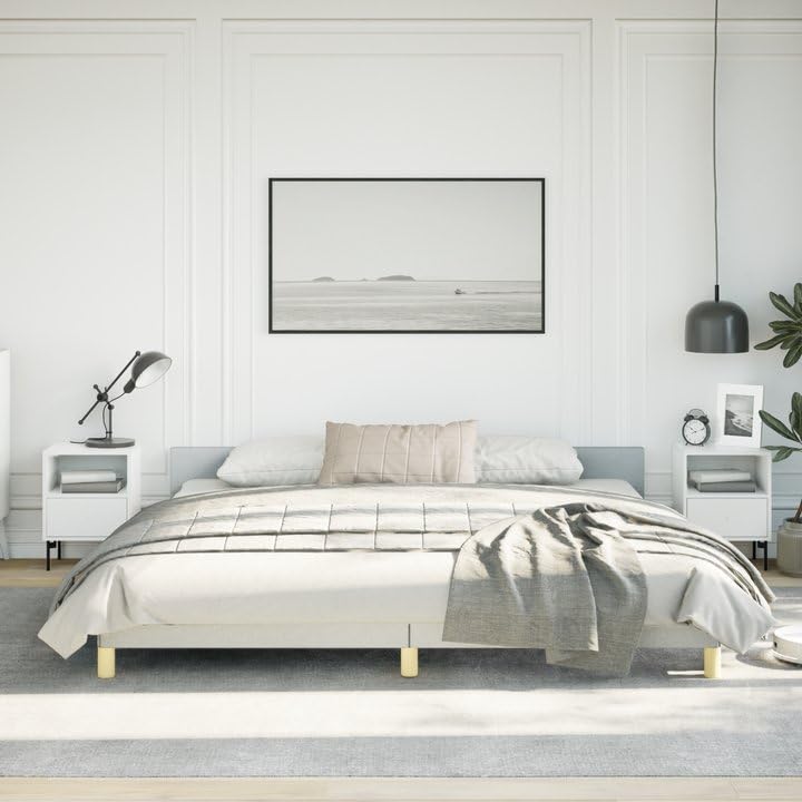 vidaXL Fabric Bed Frame Platform Bed, Scandinavian Style/Slats Support/No Box Spring Needed/Without Mattress/Easy Assembly, Light Grey King Bed