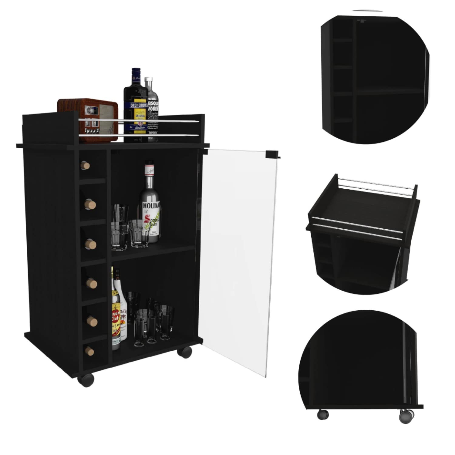 Huali Bar Cart, Glass Door, 4 Casters, 2 Shelves, Black