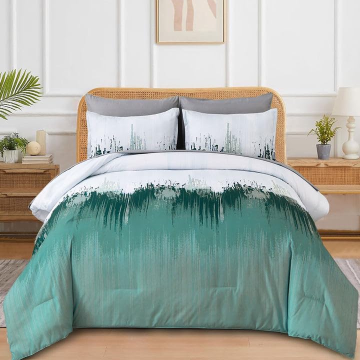 WONGS BEDDING Comforter Set King, Aqua 7 Pieces Bed in a Bag Abstract Art Gradient Comforter Soft Microfiber Bedding Set -1 Comf