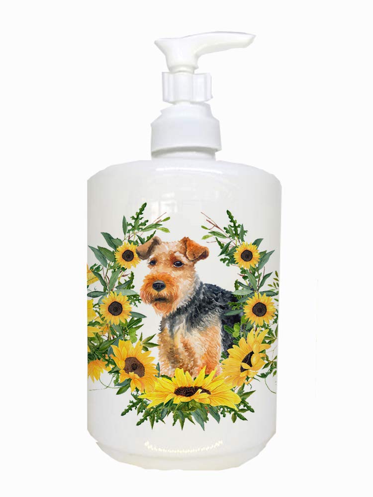 Caroline's Treasures CK2892SOAP Welsh Terrier in Sunflowers Ceramic Soap Dispenser Hand Soap Dispenser Pump Bottles for Bathroom