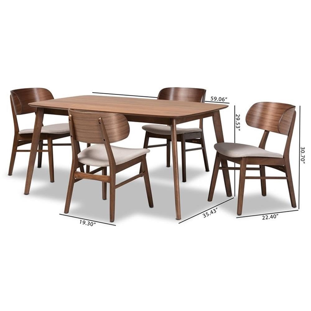 Baxton Studio Alston Mid-Century Modern Beige Fabric Upholstered and Walnut Brown Finished Wood 5-Piece Dining Set