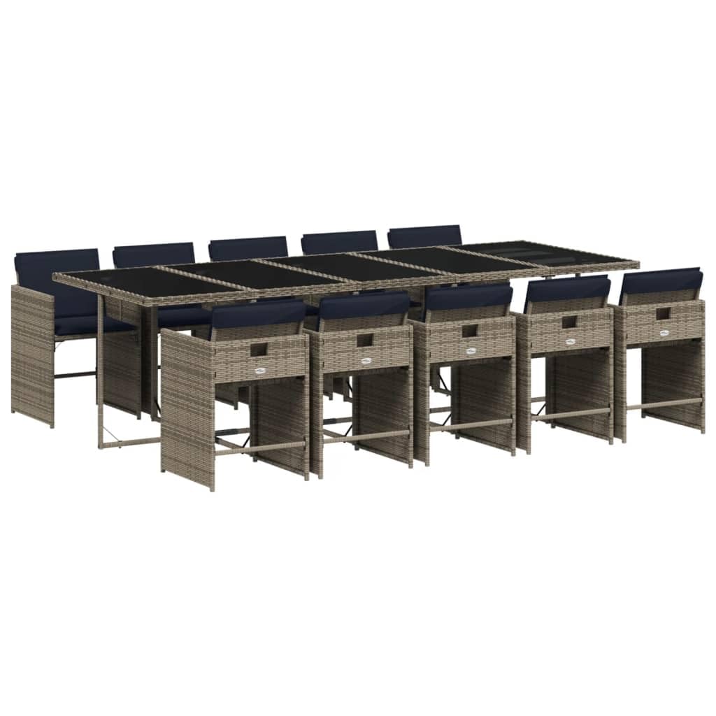 vidaXL Patio Dining Set with Cushions 11 Piece Outdoor Furniture - Gray Poly Rattan, Folding Chairs, Compact Storage, Tempered Glass Table, Removable & Washable Covers - Backyard/Deck/Garden