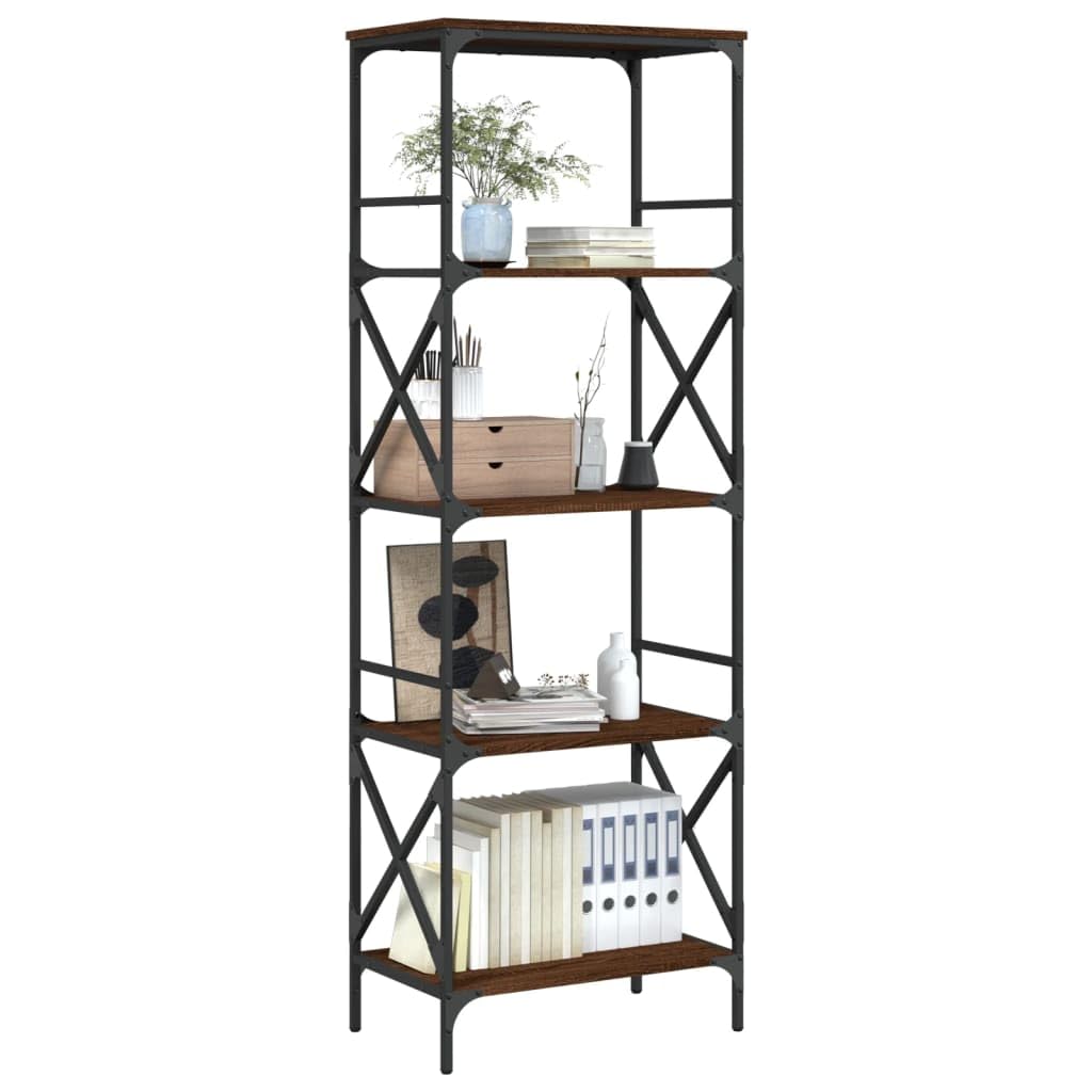 vidaXL 5-Tier Brown Oak Engineered Wood Bookshelf - Spacious Bookcase Display Cabinet with Adjustable Feet and Metal Frame for Office/Living Room