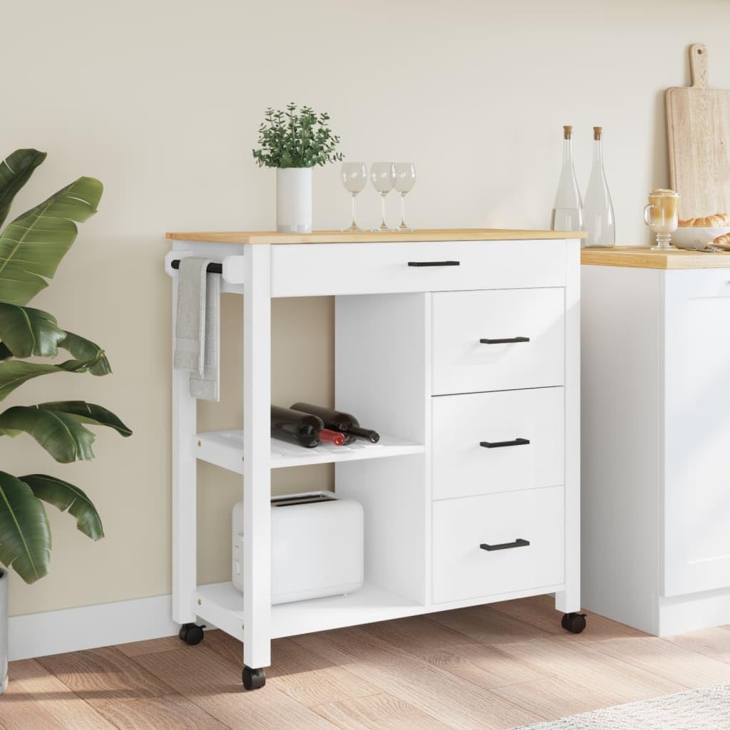vidaXL Solid Pine Wood Kitchen Trolley - Rolling Cart with Drawers, Shelves and Wheels - White/Honey Wax Finish - 33.1x15.7x35.4 inch