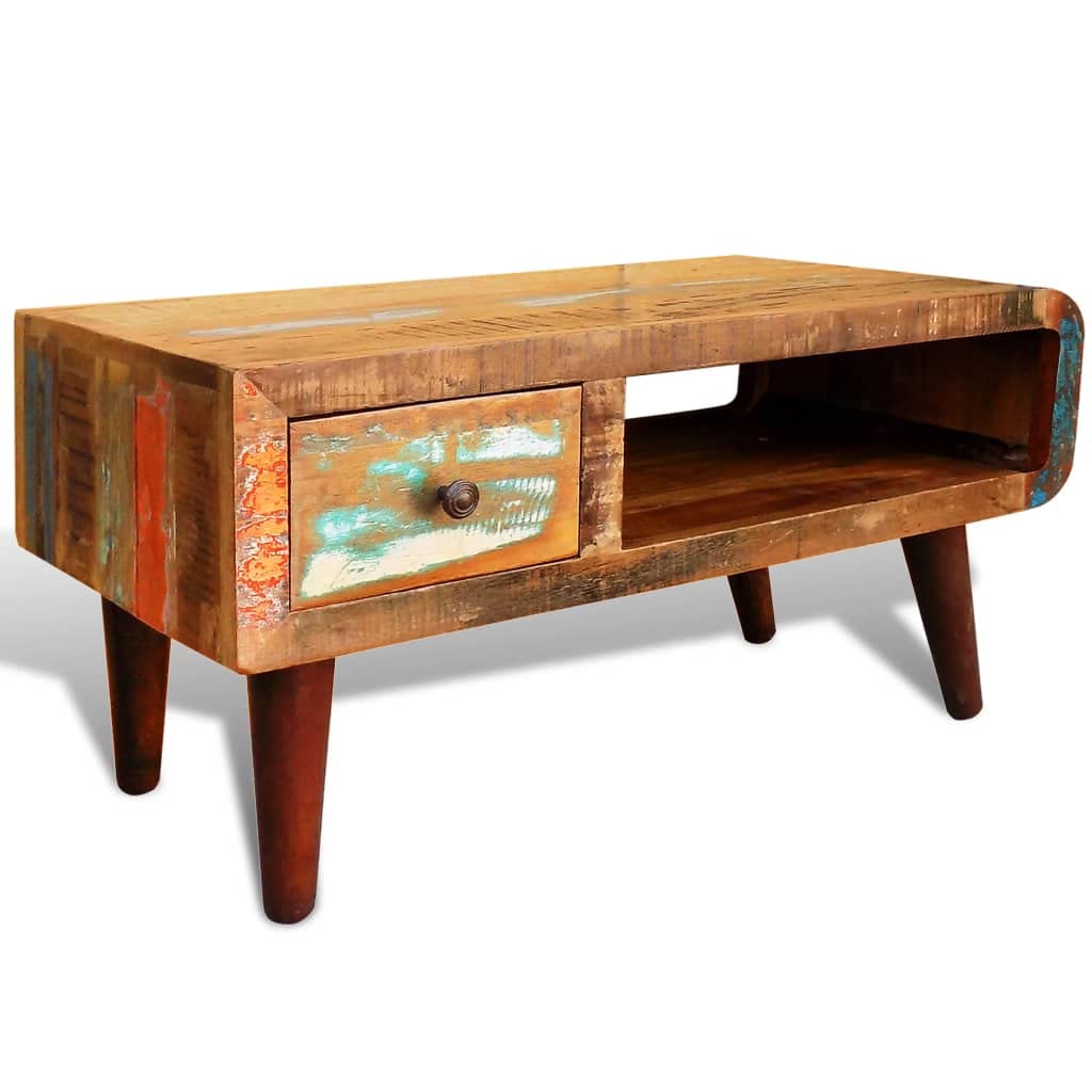 vidaXL Antique Coffee Table, Handmade with Curved Edge, 1 Drawer, Purely Handmade, Made from Reclaimed Wood, Wooden Vintage Decor for Living Room