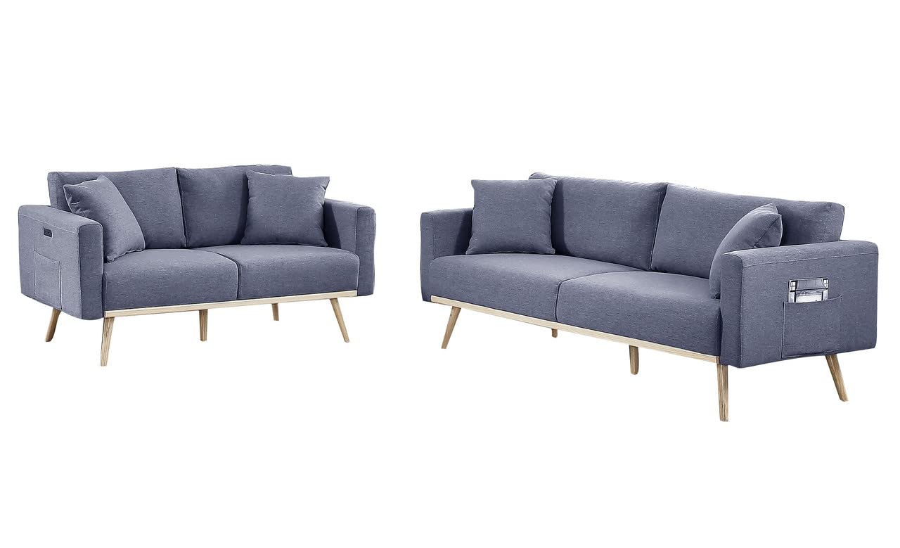 Lilola Home Easton Dark Gray Linen Fabric Sofa Loveseat Living Room Set with USB Charging Ports Pockets & Pillows