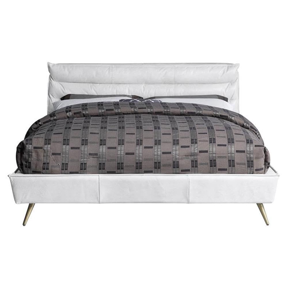 Acme Doris Top Grain Leather Upholstered Eastern King Bed in Vintage White