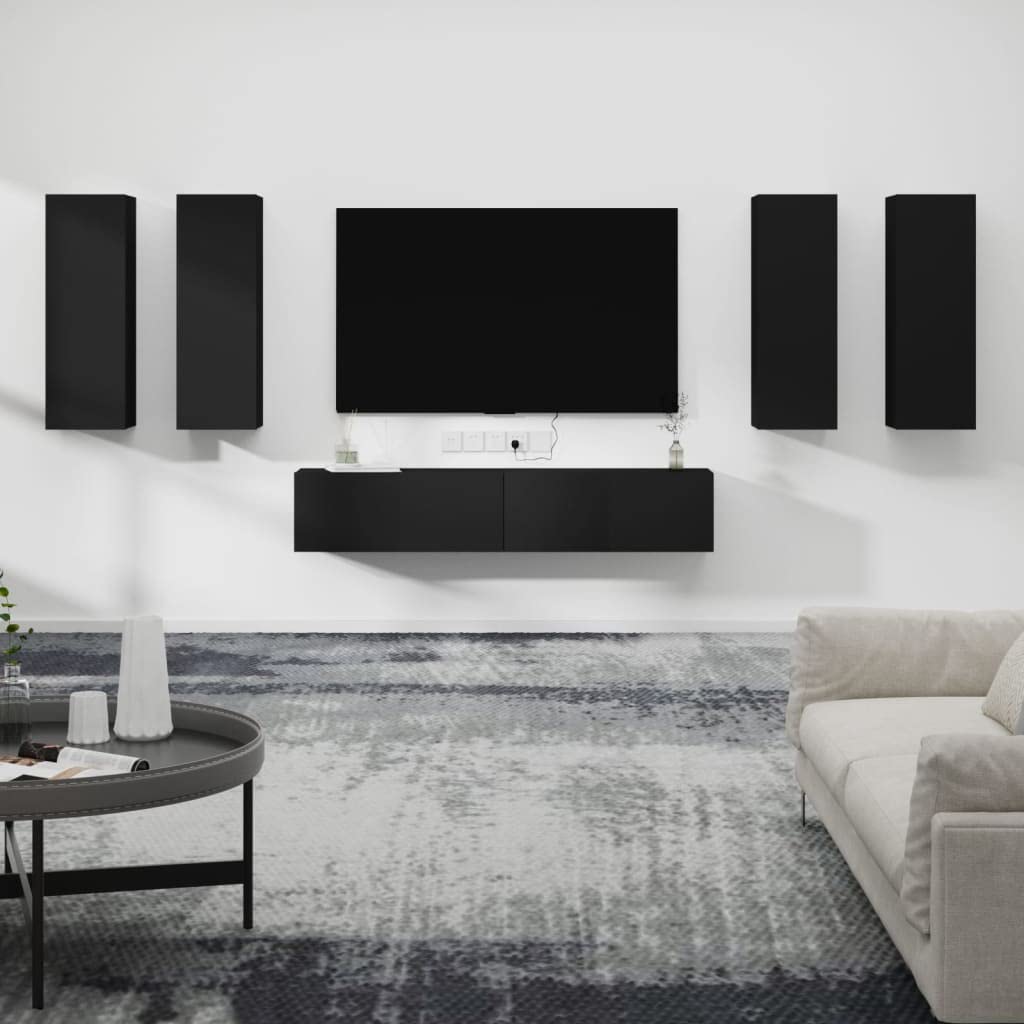 vidaXL TV Stand Set 6 Piece, Wall Mounted Entertainment Center, TV Stand Console with Storage, Modern Style, Black Engineered Wood