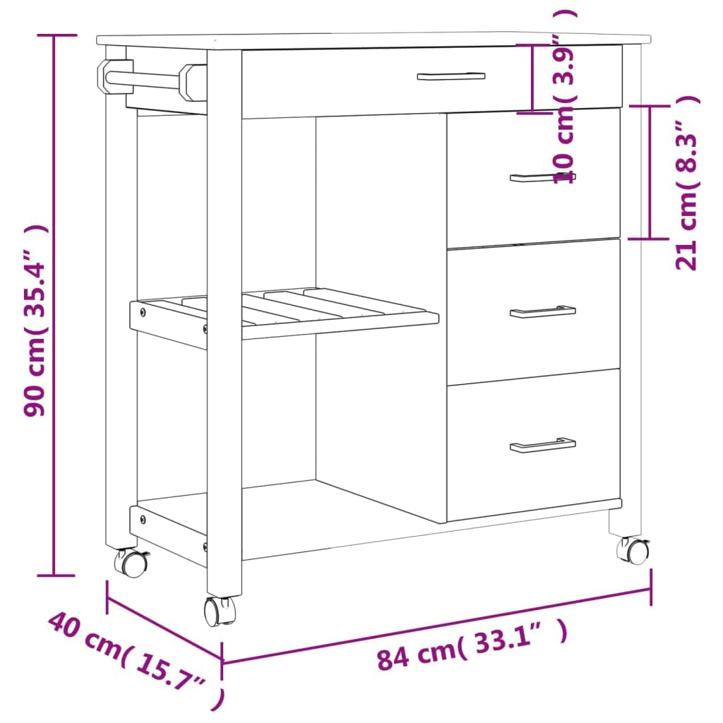 vidaXL Solid Pine Wood Kitchen Trolley - Rolling Cart with Drawers, Shelves and Wheels - White/Honey Wax Finish - 33.1x15.7x35.4 inch