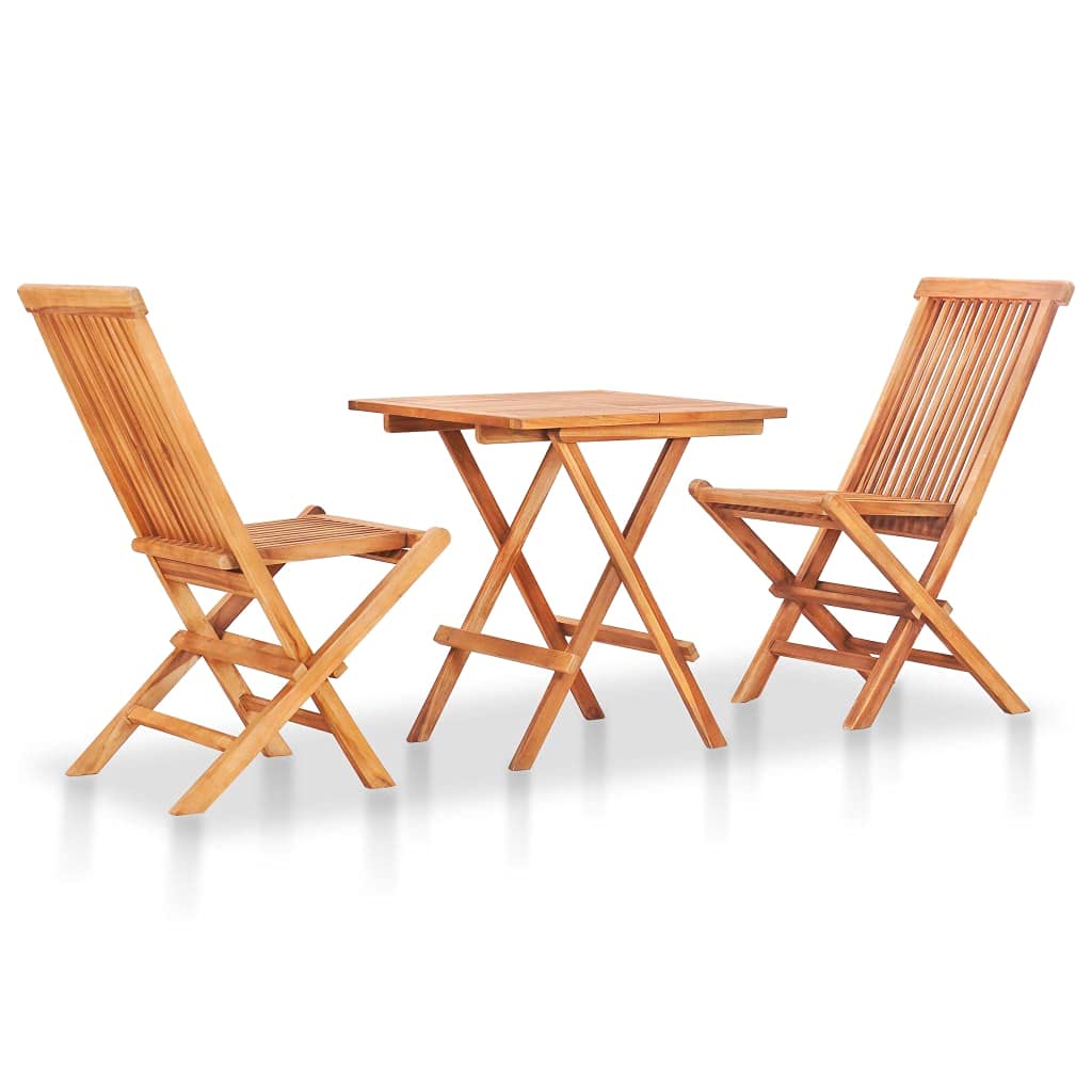 vidaXL Solid Teak Wood 3 Piece Bistro Set Wooden Garden Outdoor Terrance Patio Dining Room Furniture Folding Table & Chair with Light Blue Cushions