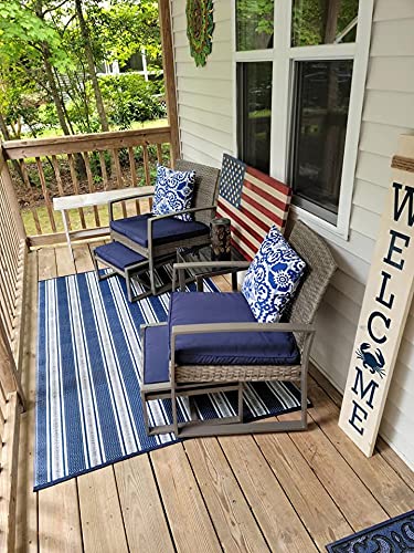 Mad Mats Geometric Outdoor Rug, Reversible Plastic Mat (5' X 8', Vertical Stripe - Blue/White)