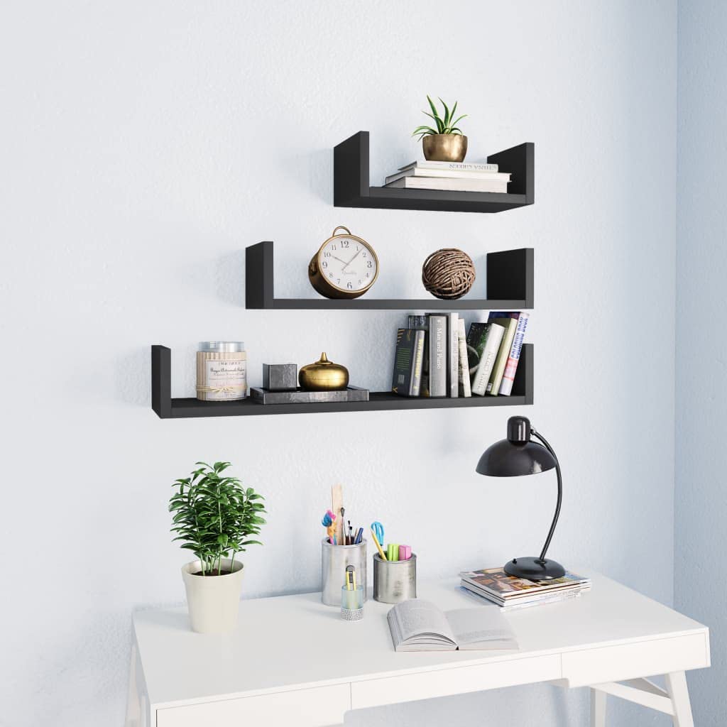vidaXL Engineered Wood Wall Display Shelves, Set of 3, U-Shaped, Gray, Easy to Assemble, Suitable for Multiple Rooms