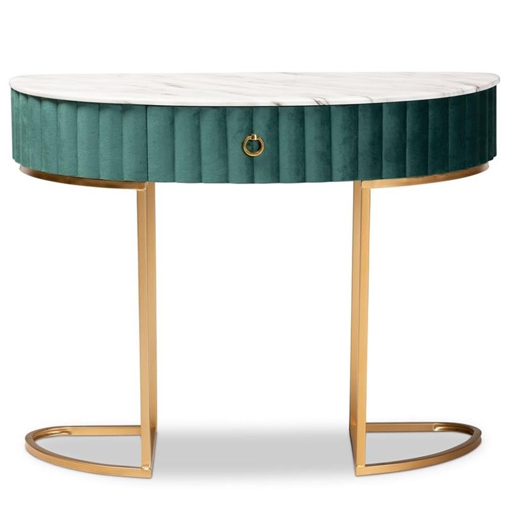 Baxton Studio Beale Luxe and Glam Green Velvet Upholstered and Brushed Gold Finished 1-Drawer Console Table with Faux Marble Tabletop Green/Velvet