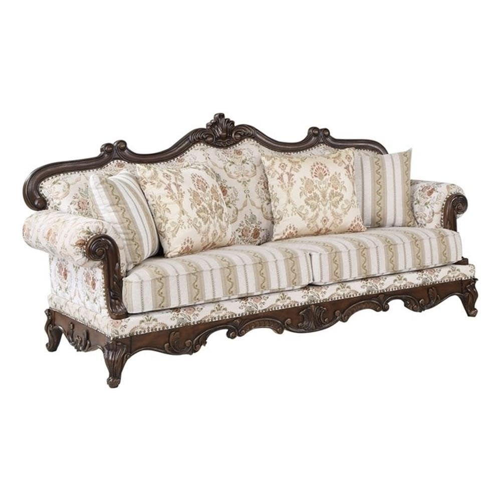 Acme Nayla Fabric Floral Upholstered Rolled Arms Sofa with 4 Pillows Walnut
