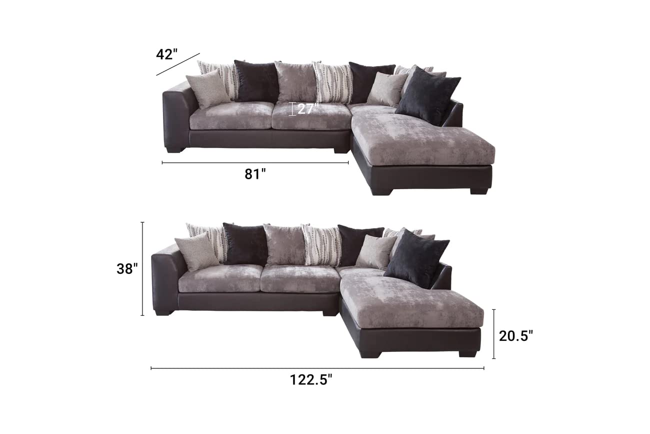 American Furniture Classics Model 8-A317-K Casual Comfort Series Charcoal and Black L Shaped Sectional Sofa with 8 Back Pillows and 2 Accent Pillows