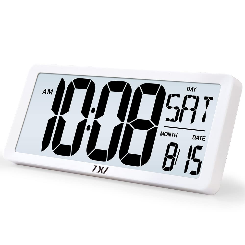 TXL Large Digital Wall Clock with Backlight, 14.2'' Battery Operated Alarm Clock with Day, Date & Temperature, Jumbo Display Dig